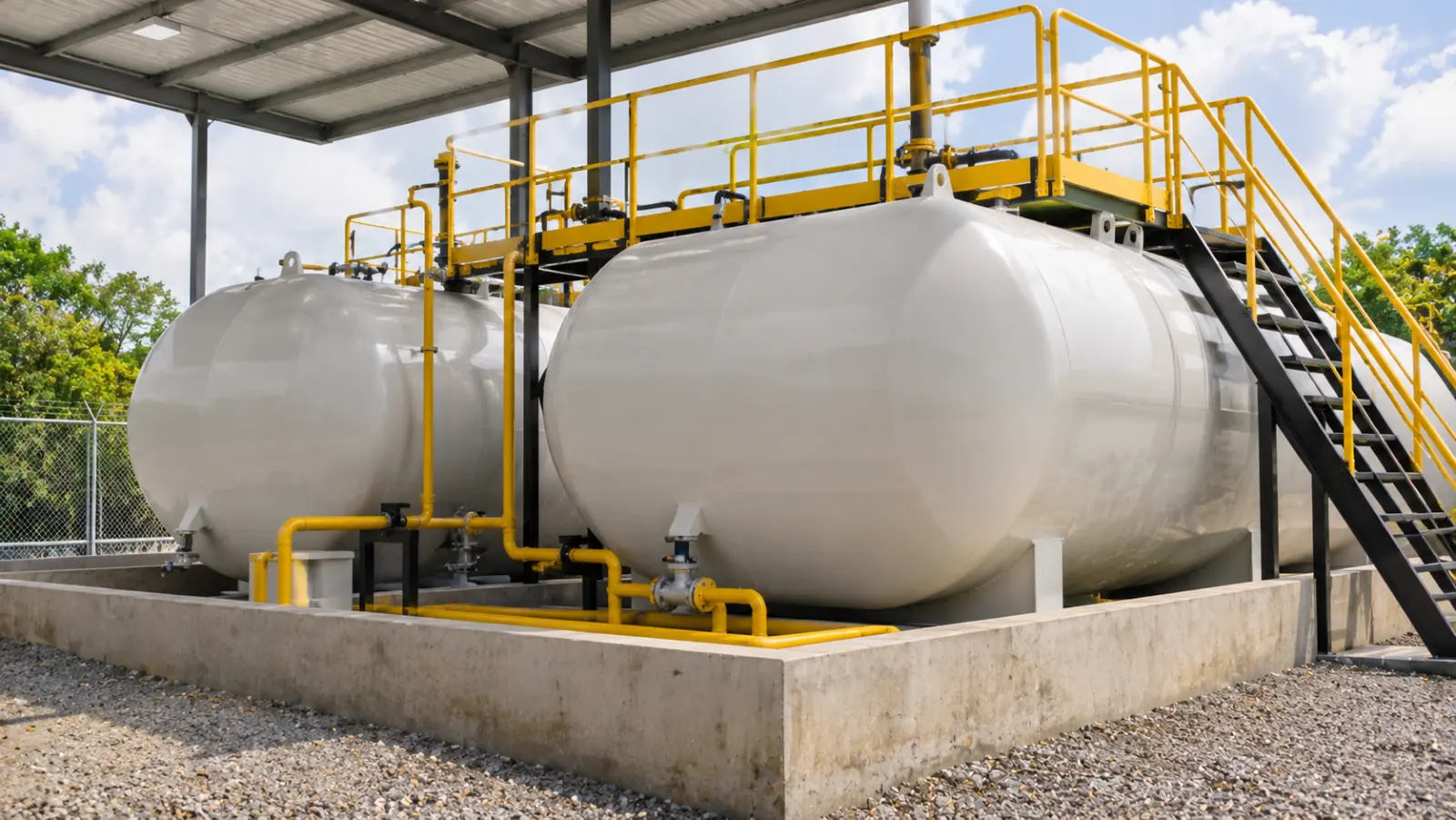 Tanques industriales de almacenamiento de combustible con tuberías y pasarelas